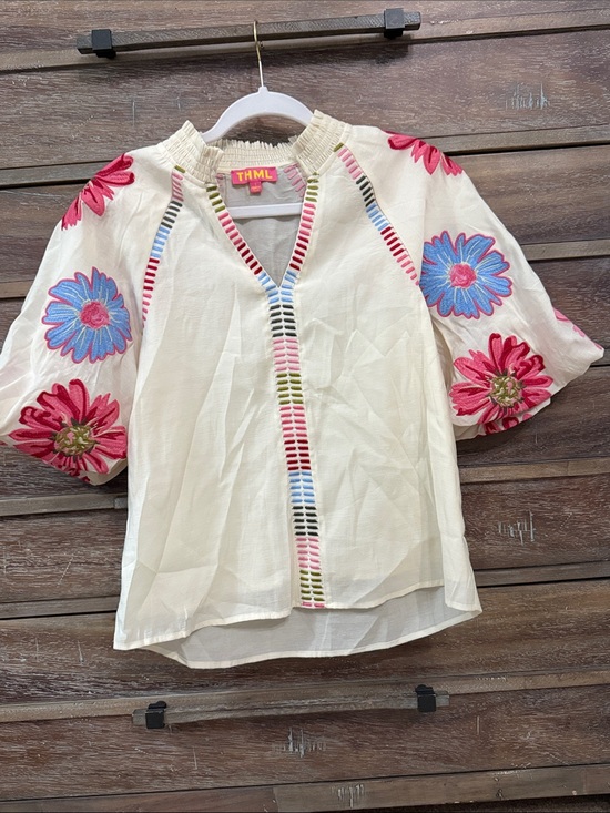THML Tops - THML Oxbeau Cream V-Neck Top with Multicolor Embroidered Trim